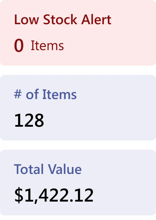 Inventory summary widget showing low stock alerts, item count, and total value
