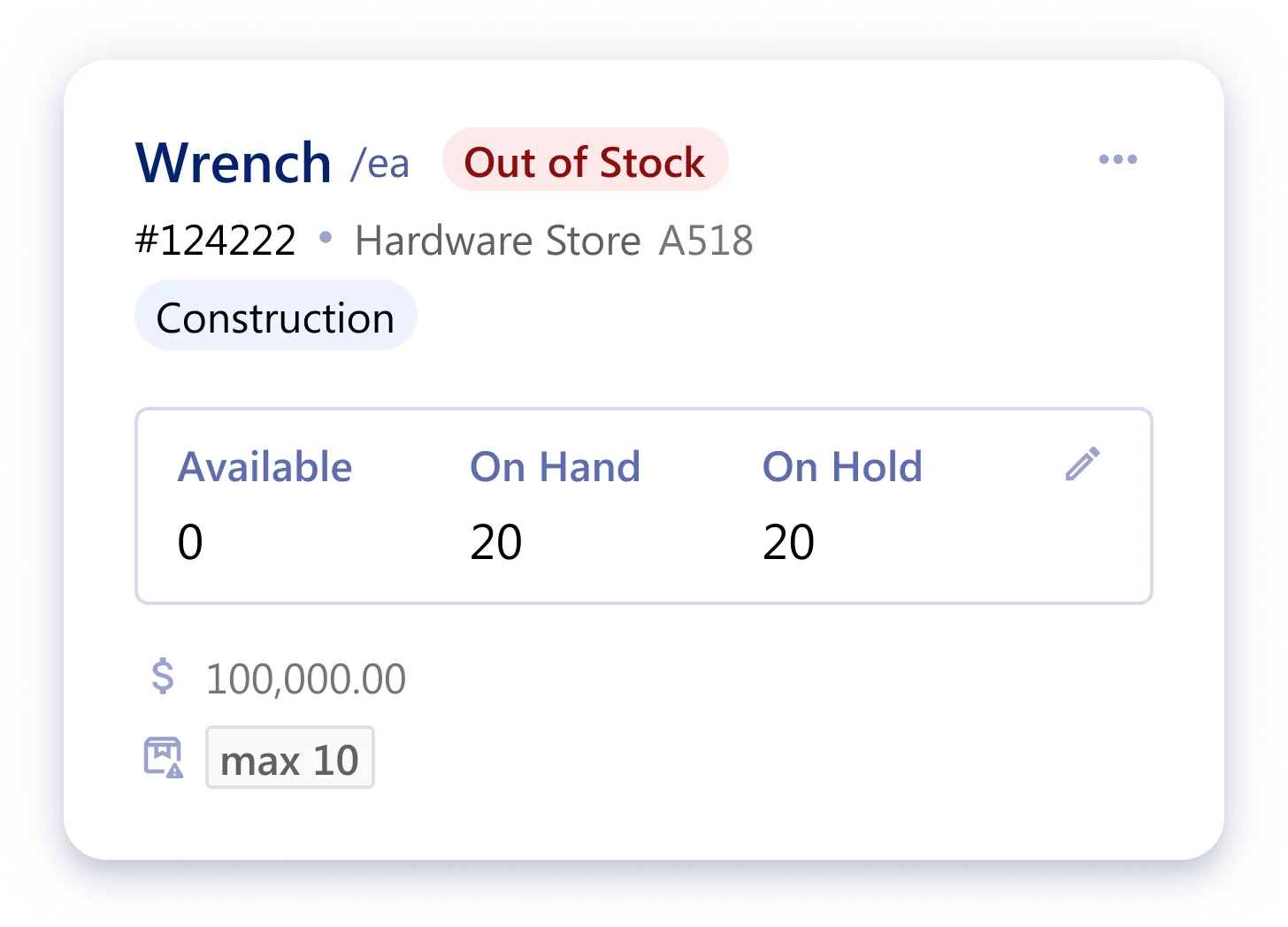 Inventory parts list showing stock levels, quantities, and costs