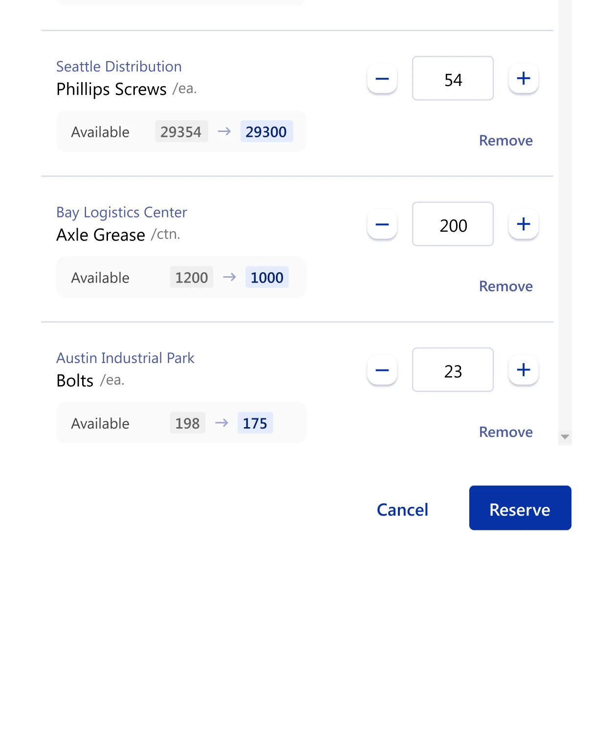 Work order view showing reserved parts assigned to an active job