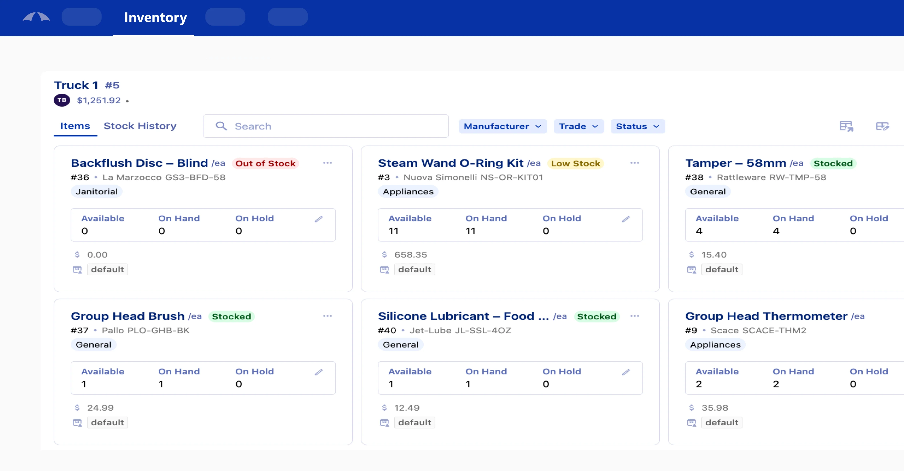 Inventory items grid for a truck showing stock status, availability, and cost per part