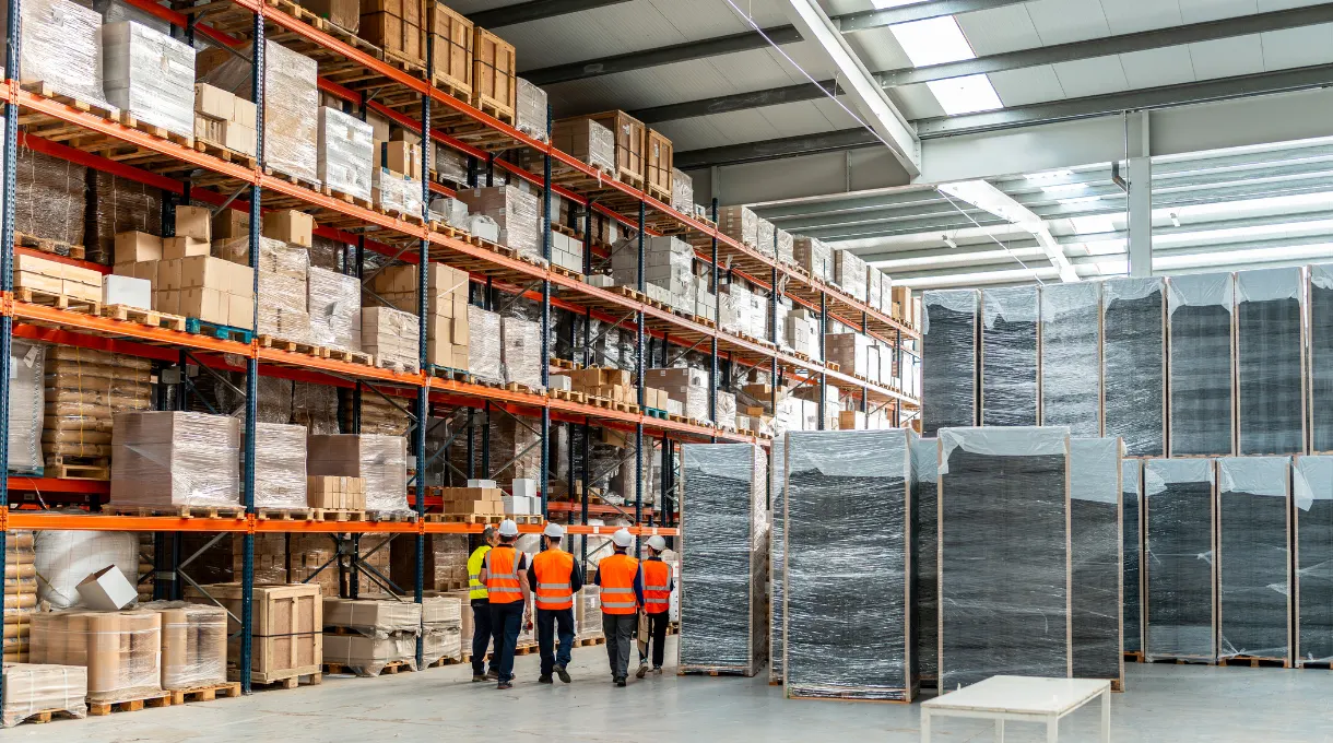 Facility team walking through a warehouse aisle lined with shelved parts and wrapped pallets