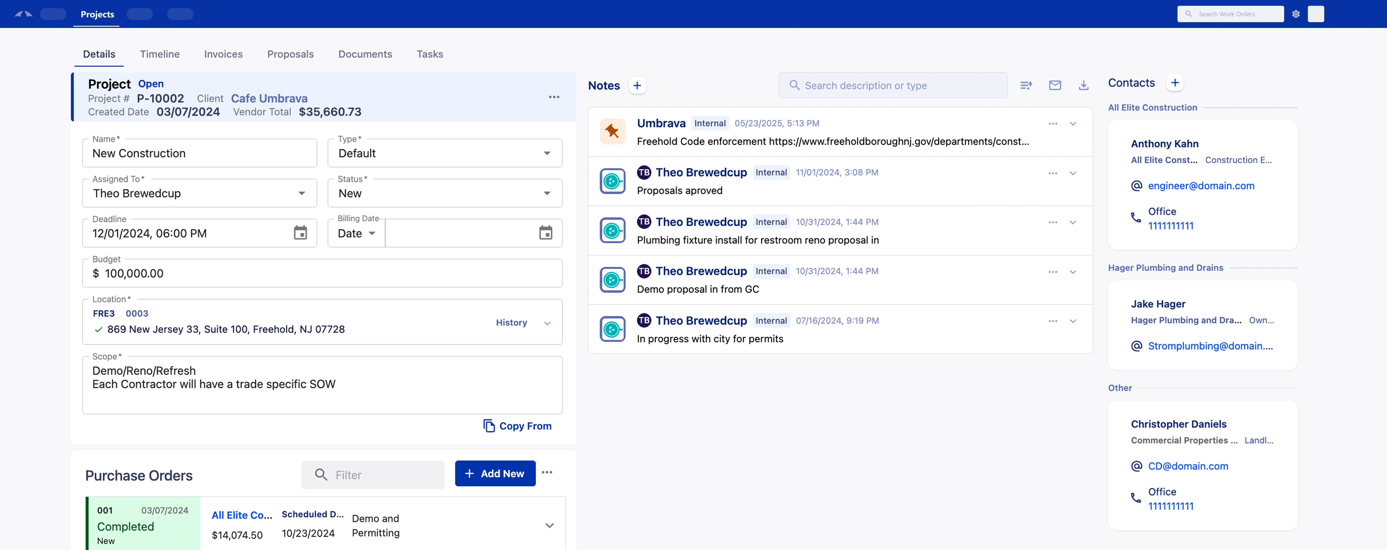 Project detail view showing project info, budget, purchase orders, notes, and contacts