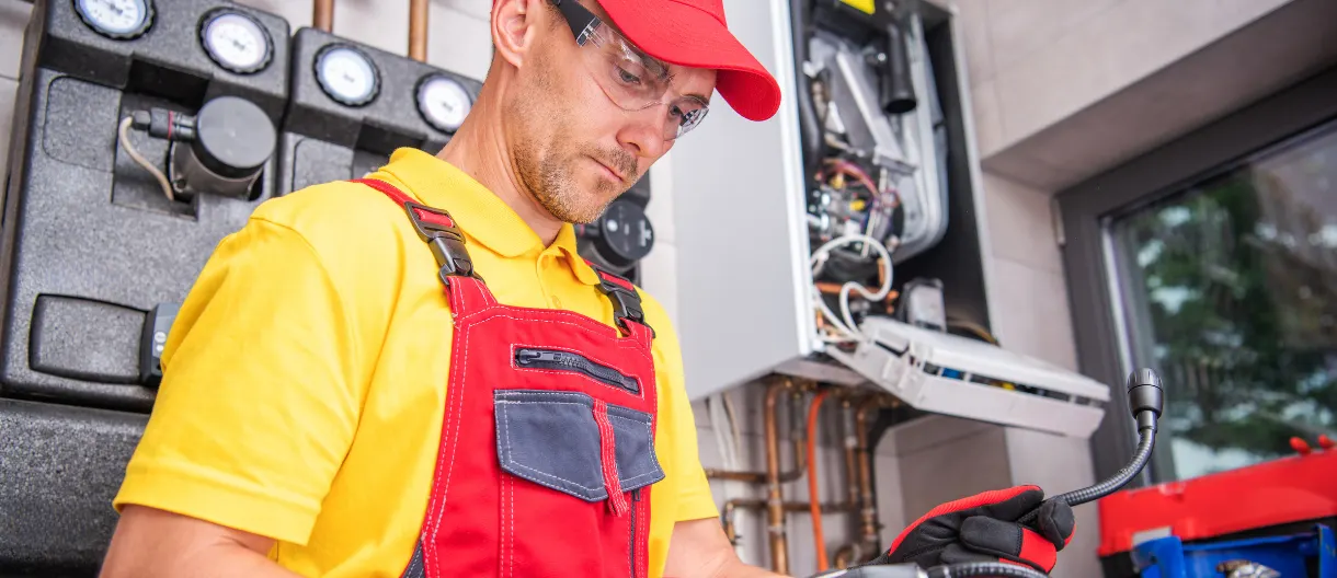 Maintenance technician using a diagnostic tool to service a boiler system