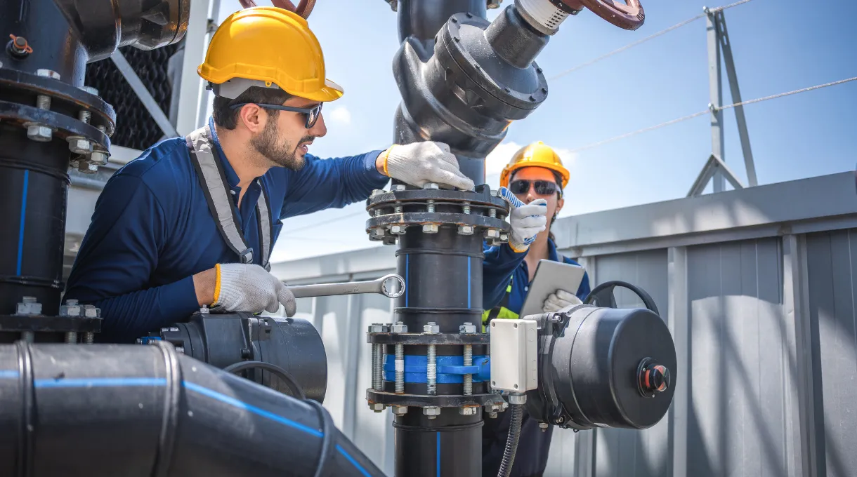 Two maintenance technicians inspecting industrial piping and valves