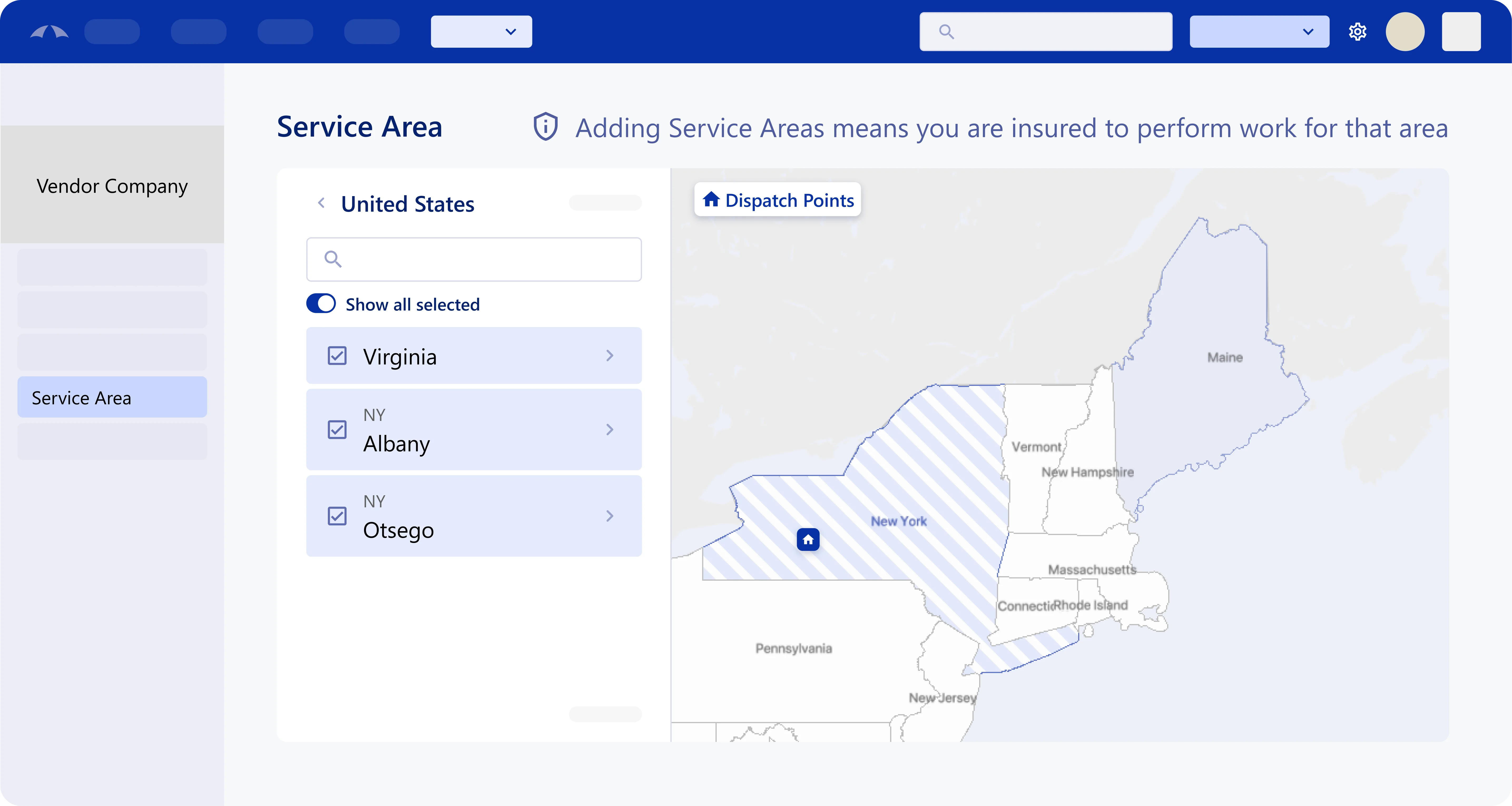 Vendor profile showing service area map, trade categories, insurance status, and compliance data