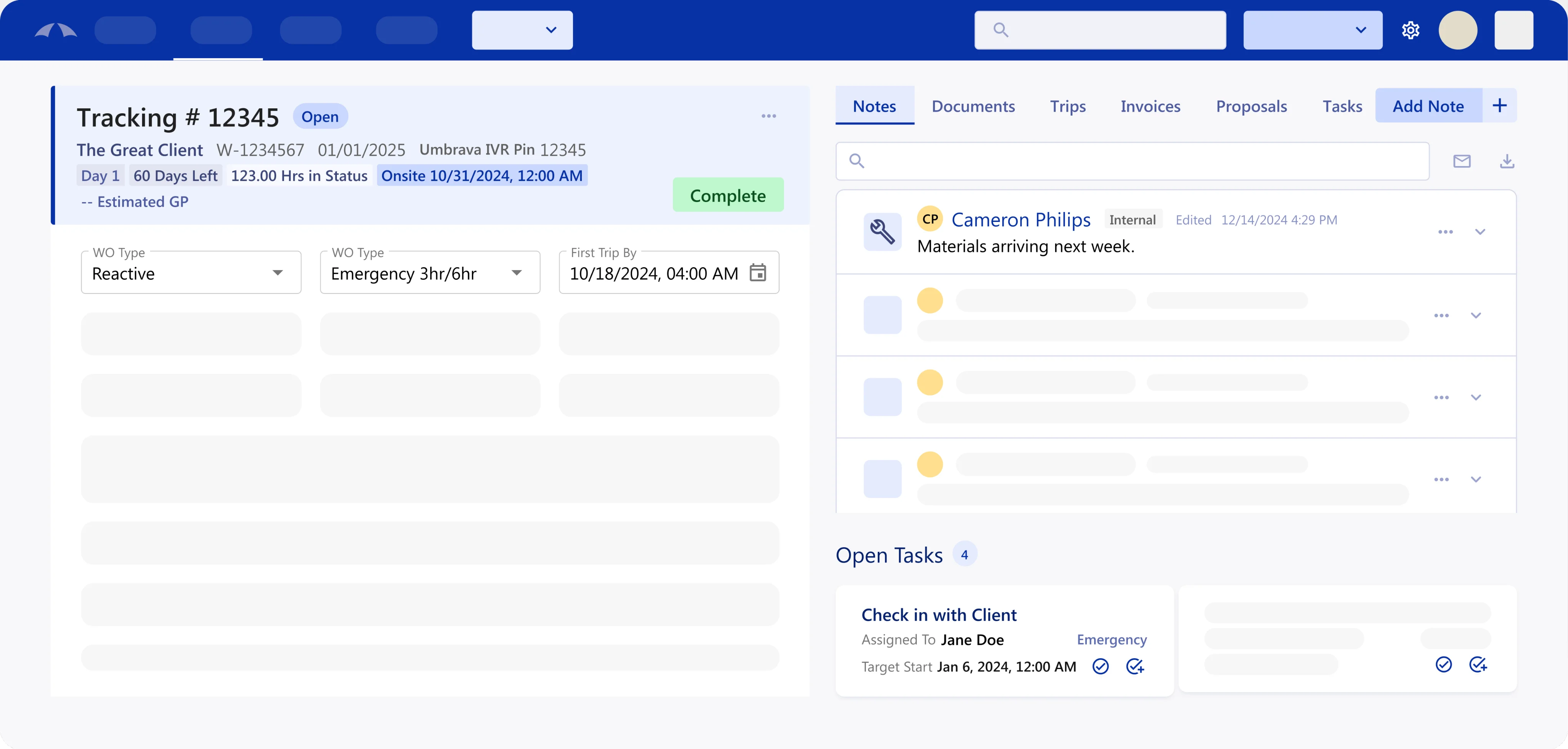 Work order detail view showing tracking number, status, type, priority, notes, and open tasks