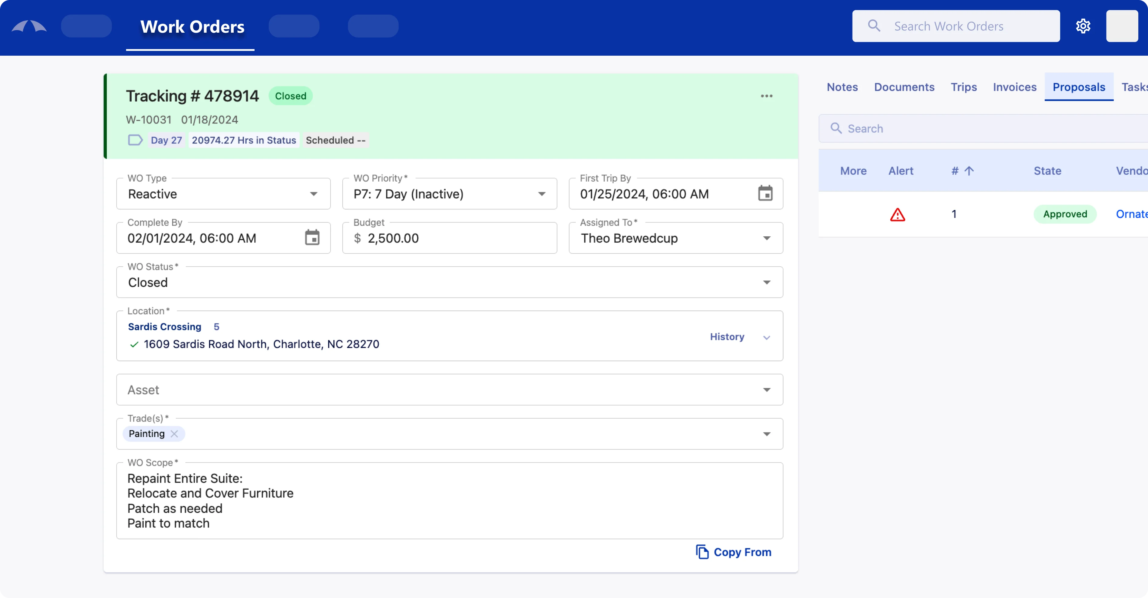 Work order detail showing tracking number, status, type, priority, dates, budget, assignment, location, trades, and scope